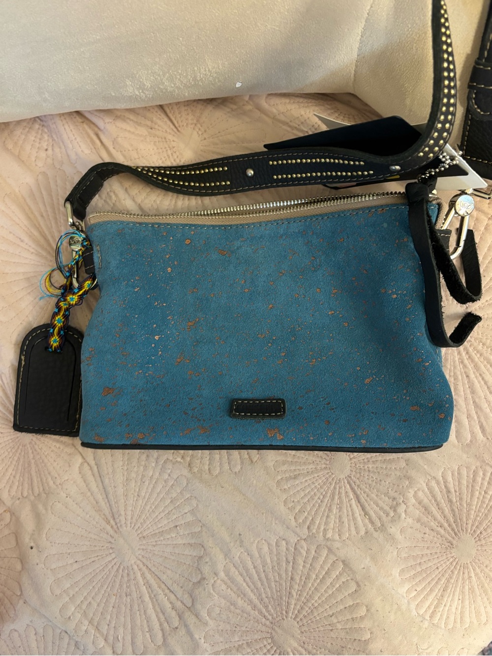 Consuela Blue Suede Crossbody with Black Trim and Gold Flecking